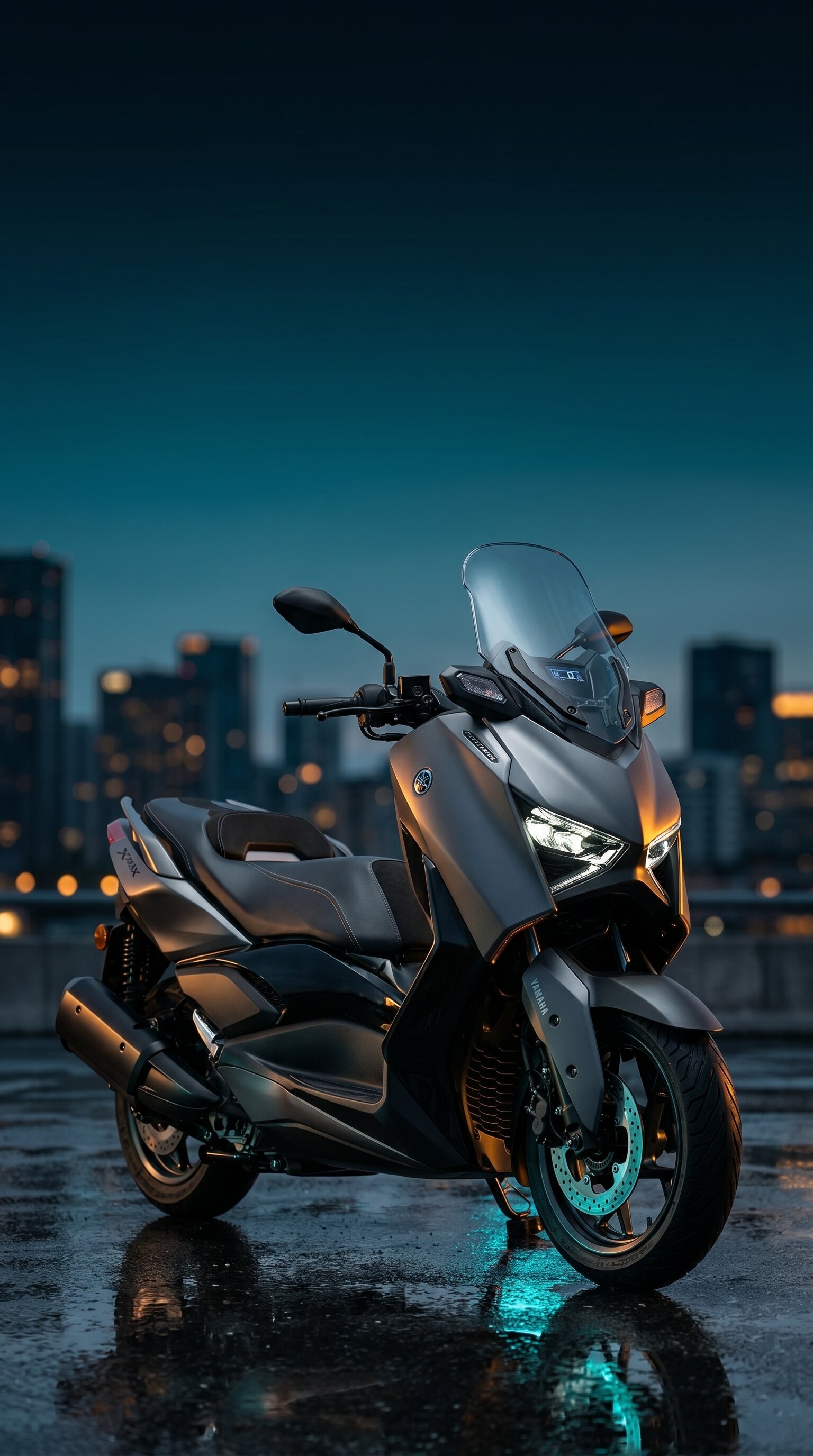 Yamaha XMAX 300, gece şehir manzarası önünde 3/4 önden, asfaltta cyan yansıma.